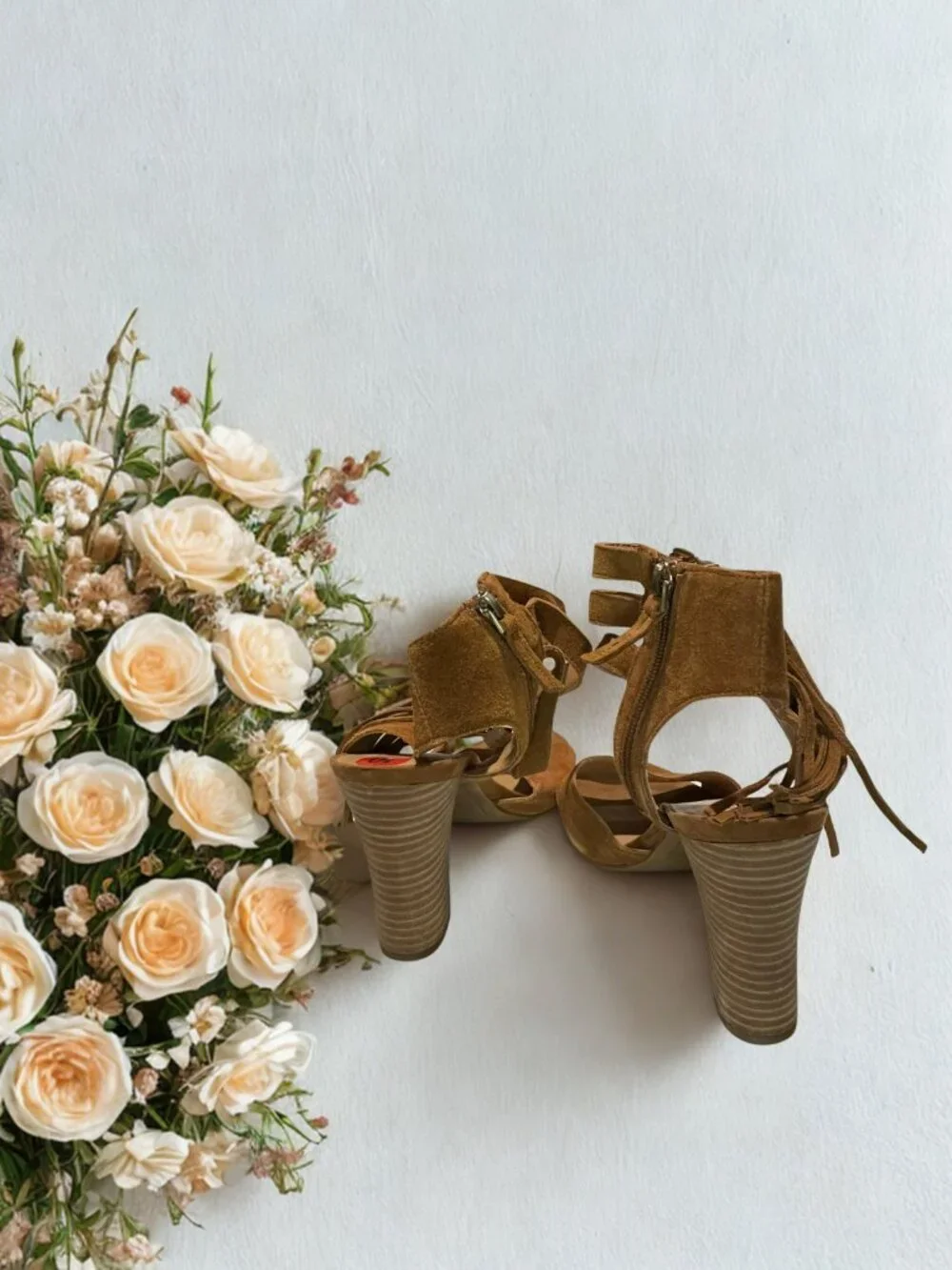 Camel Suede Ankle Strapped Fringe Sandals - Picture 3 of 3